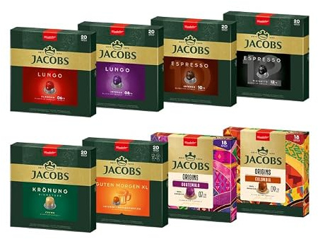 Jacobs Kaffeekapseln Vielfaltsbox, 8 Sorten, 6 x 20 + 2 x 18 Getränke, Nespresso* kompatible Kaffee Kapseln, 156 Kapseln