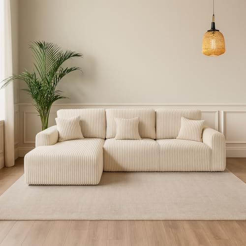 Furnishings For Less UK Vinci Chunky Jumbo Cord Cream Fabric Left Hand Facing Corner Sofa 4 Seater L Shaped Chaise Large (Cream, Left Hand Facing)