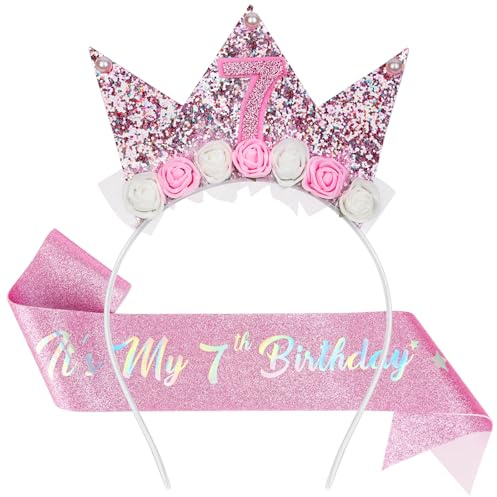 AOOTE Bandeau d'anniversaire pour Enfants de 7 Ans, Couronne Princesse Couronne d'anniversaire pour Fille, Serre-Tête Anniversaire Couronnes Princesse Rose Fille