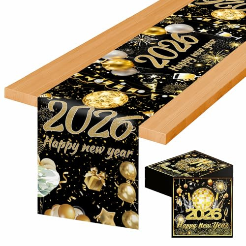 Tischdecke Silvester Deko 2026,Tischdecke Silvester 2026 Servietten,2026 New Year Eve Papiertischdecke Schwarz Gold Tischdecken,Happy New Year Tischdeko Party Set, Geburtstag Tischläufer