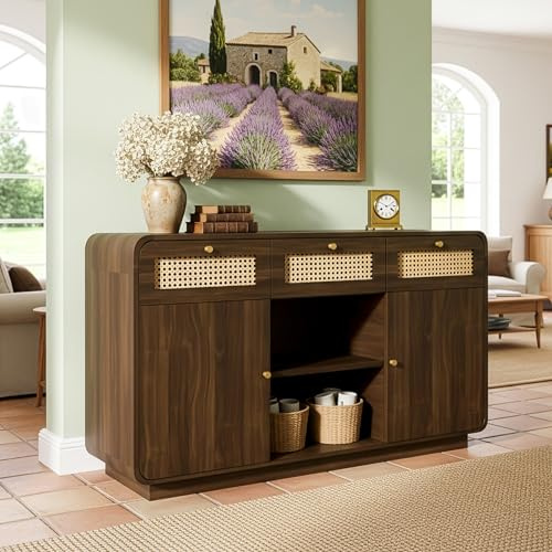 BTM Commode Sideboard 120cm Noyer, Armoire À Tiroirs avec Rotin & Poignées Dorées, 3 Tiroirs + 2 Armoires + Rangement Ouvert, Étagères Réglables, H85/B120/T40cm