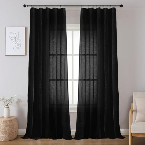 Joydeco Gardinen mit Kräuselband Transparent Vorhänge für Schienensystem | 2er Set,H225 x B140 cm,Schwarz,Voile Vorhang,für Schlafzimmer Wohnzimmer Kinderzimmer