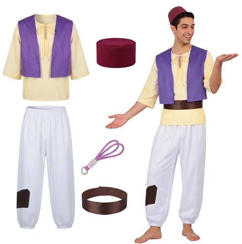 Tutukyle Aladdin Kostüm Herren,Aladin Kostüm Mann, Prinz Ali Kostüm mit Weste, Hemden, Hüte, Aladinhose für Karneval Fasching Mottoparty Cosplay Halloween