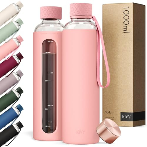 KIVY Glass Drinking Bottle 1 Litre with Silicone Protection – Suitable for | Glass Bottle 1 Litre - Water Bottle 1 Litre with Measuring Scale - Slim Glass Water Bottle Aesthetic - Leak-Proof - BPA-Free