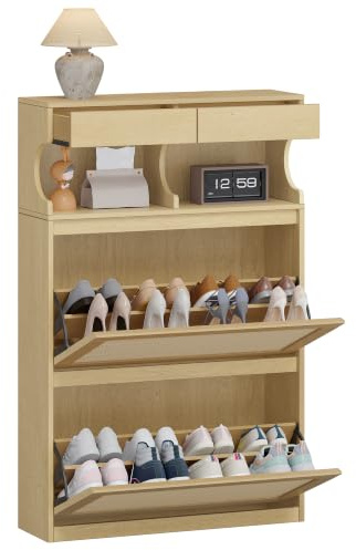 Hzuaneri Schuhschrank Rattan, Schuhkipper Schmal, 16 Paar, Gelb | Verstellbar, Schuhkommode für Eingang, Flur, Garderobe, 2 Klappen(80B cm), SR45302Y
