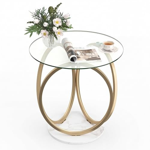SOARS Runder Couchtisch aus Glas mit 2 Ablagen und goldenem Metallgestell | Beistelltisch modern für Wohnzimmer, Schlafzimmer, Küche und Esszimmer, Kaffeetisch 60 x 60 x 61,5 cm