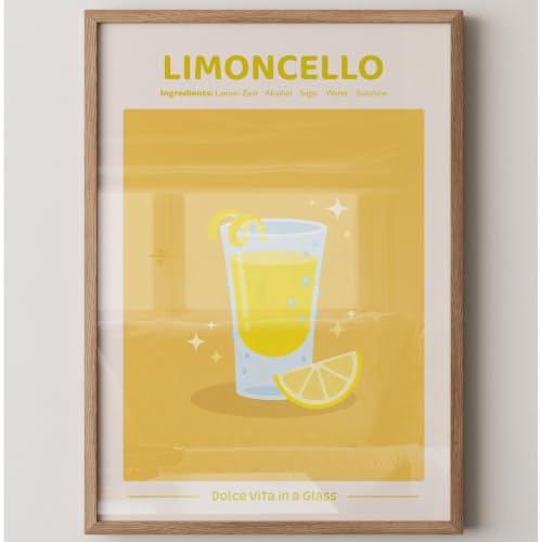 MJ-GRAPHICS® Poster Limoncello Wandbild Illustration minimalistisch Gelb Küche Deko Wanddeko Dolce Vita Kunstdruck fruchtig Wohnzimmer Deko Glas Zitrone 50x70 mit braunem Rahmen