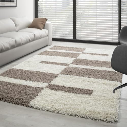 Carpettex Hochflor Teppich - Wohnzimmer Shaggy Flokati Modern Kariert Design 120 x 170 cm Beige - Schlafzimmer Weich Flauschig Waschbar - Küche Esszimmer Langflor