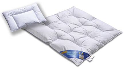 Hochwertiges Daunenbett & Daunendecke 100cm x 135cm und 40cm x 60cm | Daunen und Federn Klasse 1 | Hülle 100% Baumwolle weiß | voll waschbar | Praktische Tragetasche | Deutsches Qualitätsprodukt