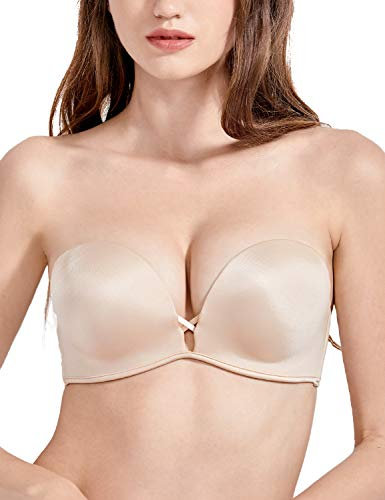 DOBREVA Women's T-Shirt Strapless Bra Underwired Lace Push Up Add-2-Cup Bras Beige 36AA