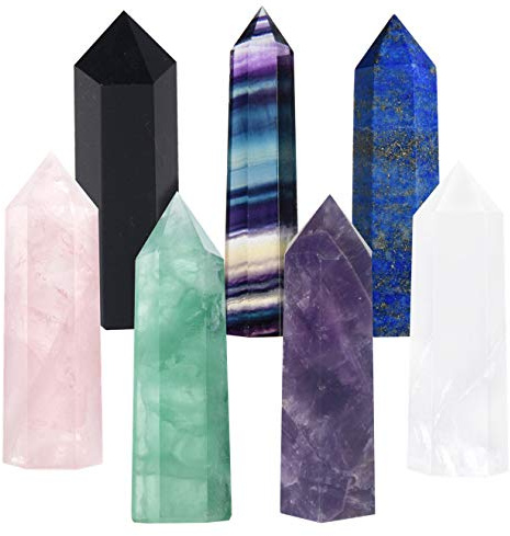 Luckeeper 7 PCS Healing Crystal Wands | 2 Amethyst, Rose Quartz,Clear Quartz,Black Obsidian,Green Fluorite, Lapis Lazuli,Rainbow Fluorite| 6 Faceted Reiki Chakra Meditation Therapy