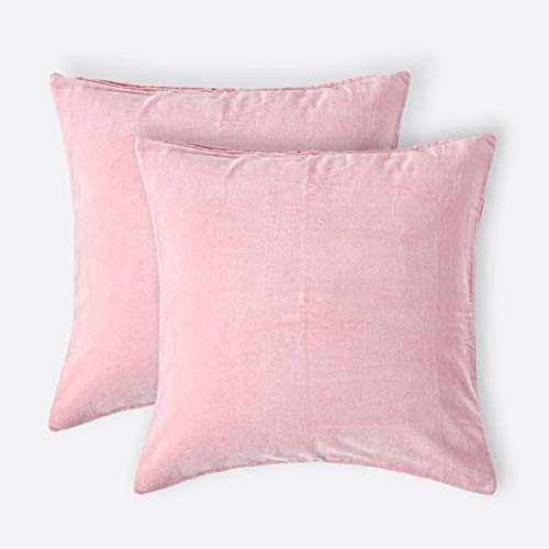 HOMESCAPES Set of 2 Pink Velvet Cushion Covers Super Soft Cotton Velvet Luxury Square Scatter Cushions Dusky Pink Plain Accent Pair of Throw Pillows for Sofa and Bed Decoration, 40 x 40cm