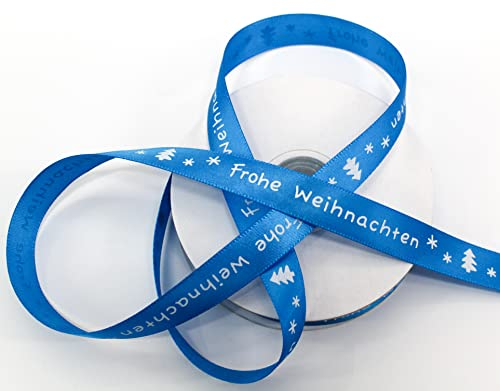 CaPiSo Weihnachtsband Satinband Geschenkband Schleifenband Dekoband Advent Weihnachten mit Schrift Frohe Weihnachten (25m15mm Blau)