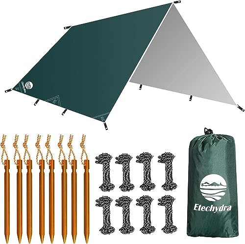 Etechydra Tienda de Campaña Tarp, 3 x 4 m Toldo de Refugio Impermeable Lona de Duradero Portatil para Hamaca Playa Tienda Hamaca Acampada Refugio Al Aire Libre (Verde Oscuro)