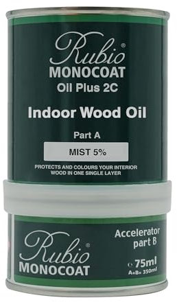 Rubio Monocoat Oil Plus 2C Wood Finish, 14 m² - Mist 5% | Quick-Dry, Eco-Friendly Linseed Formula for Indoor Surfaces | Includes Accelerator (Part B) | Protector | 350 ML