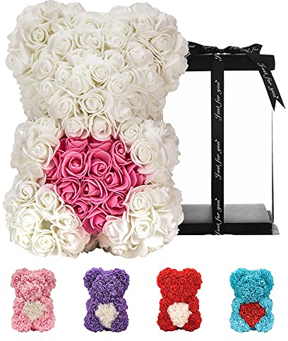Geschenke für Frauen , Geburtstagsgeschenke , Rosenblumenbär Handgemachter Rose Teddybär, Beste künstliche Dekoration Geschenke für Mama, Geschenke für Mädchen, Einzigartige Geschenke (Weiß)