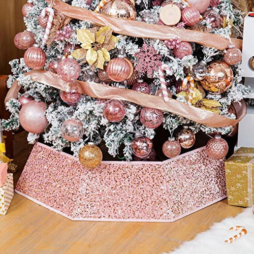 XmasExp Weihnachtsbaum Kragen 85 cm Pailletten Baum Rock für Weihnachten Urlaub Home Decor Weihnachtsbaum Ring Stand Base Cover Große Größe 6 Stück Roségold