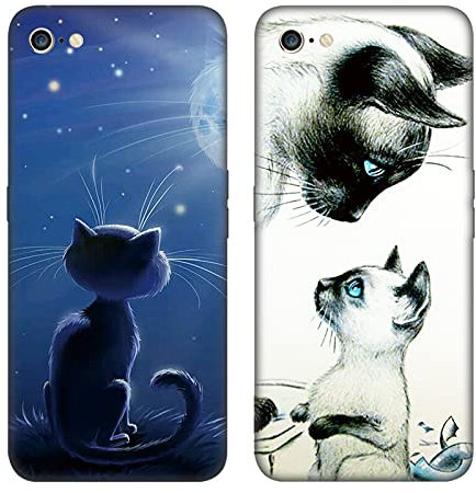 DiaryTown 2 Pack Hülle für iPhone 6 / iPhone 6S Liquid Silikon Handyhülle mit Motiv Schutzhülle Ultra Dünn TPU Bumper Rundumschutz Schwarz Case für Cover iPhone 6S - Süße Katze