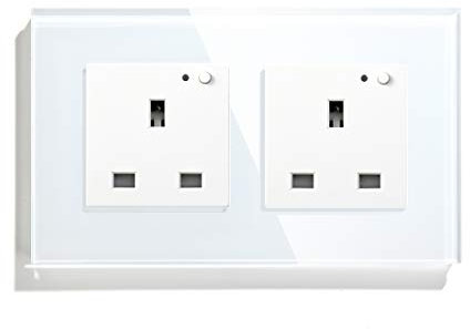 BSEED WiFi Smart Socket Double Pole Alexa Switched Socket Indicator On/Off Switch Button 157mm Termpered Glass Panel 2 Gang 1 Way Alexa/Google/Echo Dot Embedded Wall Outlet White