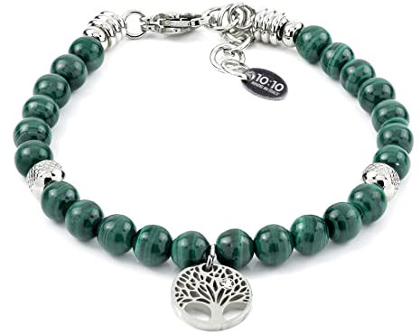 10:10 Bracciale in acciaio inox e pietre naturali da 6 mm, charms albero della vita e beads in acciaio, prodotto realizzato in Italia (Malachite)