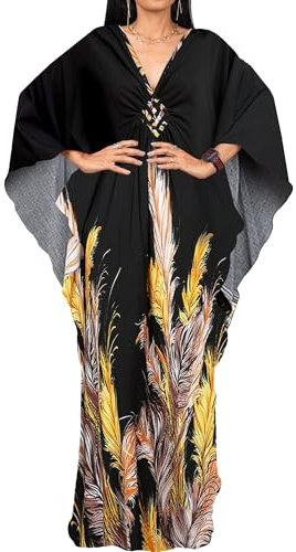 Bsubseach Plus Size Caftan Dresses for Women Swimsuit Cover Up Batwing Sleeve Summer Maxi Kaftan Dress Black Feather
