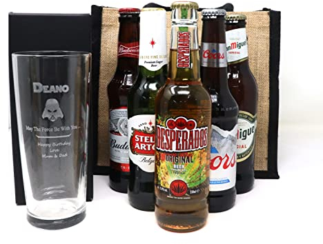 Personalised Engraved Darth Vader Star Wars Design Pint Glass & 6 Bottles of Beer Gift Set in Gift Bag for Dad & Grandad at Christmas | Son's 18th & 21st Birthday | for Daddy on Father's Day | 5% vol