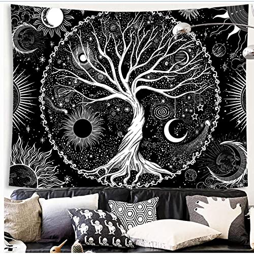 Sequpr Baum des Lebens Wandteppich Sonne Mond Tapisserie Schwarz Wandbehang Wandtuch Wanddeko Wandteppich für Schlafzimmer Wohnzimmer Wohnheim (150x200cm)