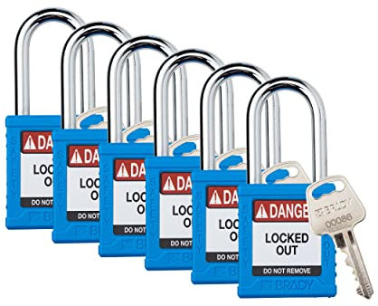Brady SDPL-BLU-38ST-KD6 - Juego de 6 candados de bloqueo de seguridad, color azul, con diferentes llaves, 1 llave por cerradura
