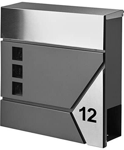 AMARE Design Briefkasten Postbox mit Zeitungsfach und Hausnummer37 x 37 x 10 cm, Edelstahl-Anthrazit, 2