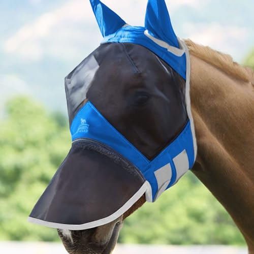 Harrison Howard CareMaster Pro Luminous Horse Fly Mask Large Eye Space Long Nose with Ears UV Protection for Horse Signature Blue