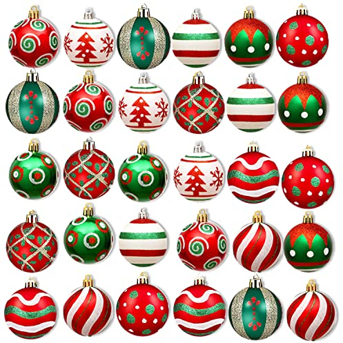 30 Stück Christbaumkugeln Deko Set, Weihnachtskugeln Weihnachtsbaumschmuck mit Aufhänger Baumspitze für Weihnachten Hochzeit Party (Rot weiß und Gold)