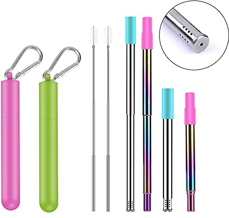 Sparrow Angel Paille INOX 2 Paquets télescopique de pailles réutilisables en Acier Inoxydable en métal avec Trou et Brosse de Nettoyage télescopique, astuces de Silicone