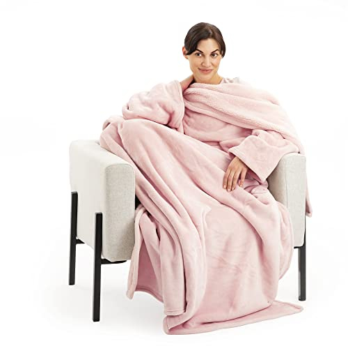 HOMELEVEL Coperta con Maniche Lunghe - Plaid Invernale Braccia Coperte - Poncho Caldo in Pile - Coperta Divano 150x200cm - Tessuto Morbido Rosa Chiaro