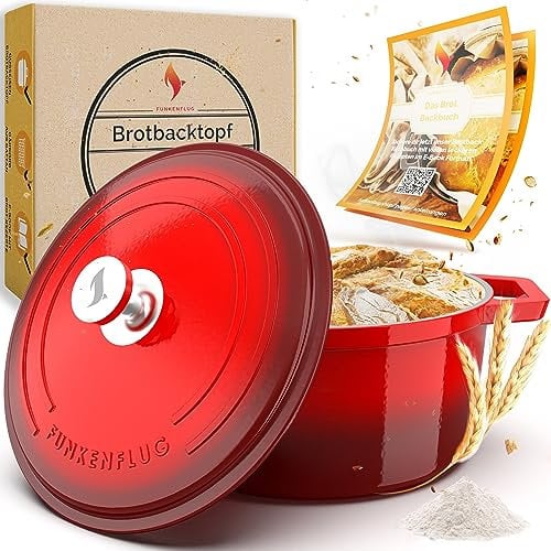 Funkenflug® Gusseisen Topf Brot backen 4,7 Liter [Induktionsgeeignet] - für einzigartigen Brotgenuss -auch als Schmortopf einsetzbar- Gusseisen Emaille Topf - Bräter gusseisen