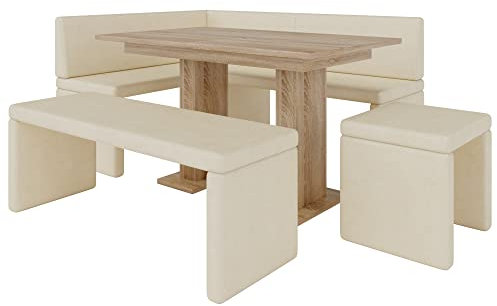 FURNISTAR Eckbank Akiko mit Tisch und Bänken - Eckbankgruppe für Ihrem Esszimmer, Küche modern, Sitzecke, Essecke. Perfekt für Küche, Büro und Rezeption. Solide Verarbeitung (Soft 18, 168x128 rechts)