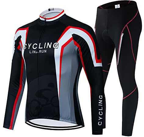 Radtrikot Set Langarm Herren Radsportanzüge mit 3D Sitzpolster Thermofleecefuttere Atmungsaktive Elastische Fahrradbekleidung für Radfahren, Jogging im Herbst Winter