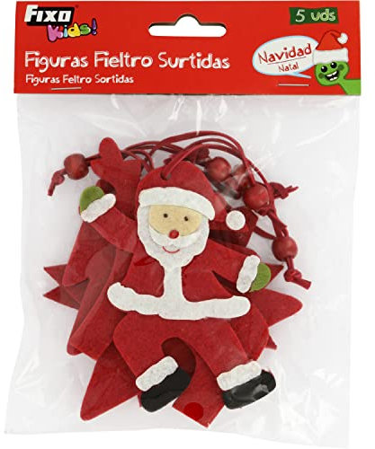 Fixo Kids 40499. Pack de 5 Figuras de Fieltro con Cordón para Árbol de Navidad: Copo de Nieve, Abeto, Santa Claus, Estrella y Reno, Color Rojo