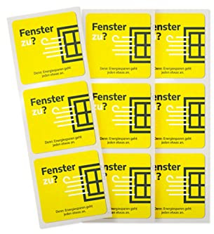 Aufkleber Energie sparen - 9 Stück - 5x5 cm - Sticker mit Hinweisen für Büro und Arbeitsplatz - verschiedene Motive - gelb 50 x 50 mm - selbstklebend, wieder ablösbar (Fenster zu!)