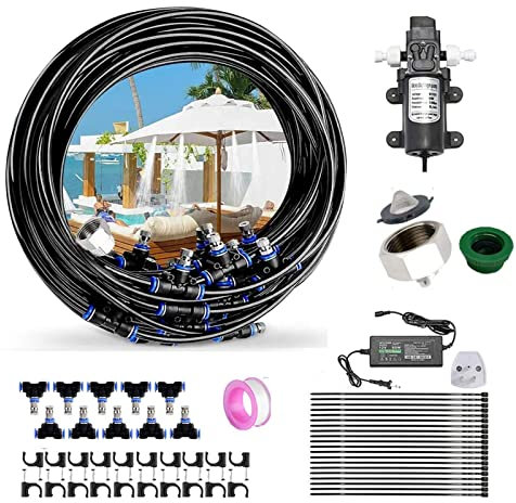 Kit de Sisteme de Enfriamiento por Nebulización, Sisteme de Nebulizacion para Exteriores con Bomba silenciosa de 24v, Kits de Riego por Goteo para Césped