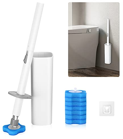 Weskjer Disposable Toilet Brush Kit, Wall Toilet Cleaning System with Storage Caddy and Disposable Refill Heads 7 Pieces