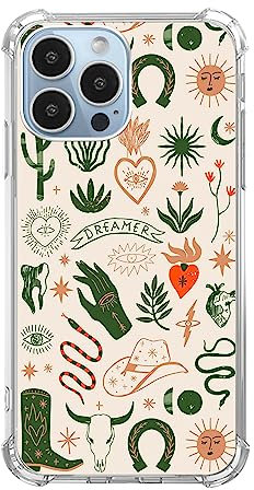 Rewput Boho Cowboy Mobile Phone Case, Mobile Phone Covers for iPhone 13 Pro, Wild West Cactus Boots Moon Sun Pattern Cover for Women Men Girls Boys, Trendy Design TPU Bumper