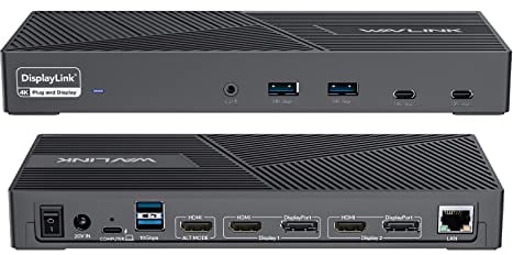 WAVLINK Triple 4K Display DisplayLink Docking Station für Mac OS/Windows,15-In-1 Universelles USB C/USB A Laptop Dockingstation mit 3xHDMI,2xDP,100W PD,10 Gbit/s Datenübertragung,Gigabit LAN,Mic/Audio
