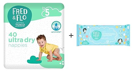 Fred & Flo Size 5 Nappies 40 Pack + 60 Fragrance Free Baby Wipes