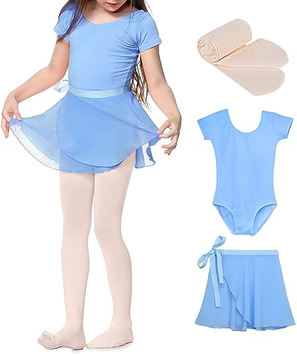 Durio Kinder Ballettkleidung Mädchen Ballettkleid Tanzkleid Mädchen Baumwolle Kurzarm Balletttrikot Mit Röcke und Leggings Hellblau 5-6 Jahre