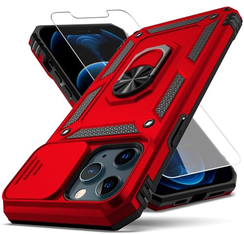 YZOK for iPhone 12 Pro Max Case,with Camera Lens Cover HD Screen Protector,[Military Grade] Ring Car Mount Kickstand Hybrid Hard PC Soft TPU Shockproof Protective Case for iPhone 12 Pro Max-Red