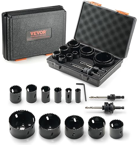 VEVOR Kit di Seghe a Tazza Strumenti in Valigetta 11 Pezzi, Set di Seghe a Tazza Bimetallica M42 con Valigetta Portatile Dimensioni per Uso Generale da 3/4 a 3, Set di Frese a Tazza per Legno Ferro