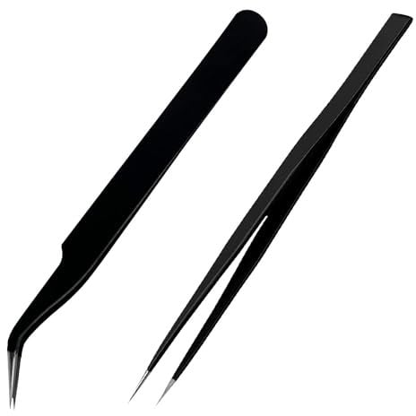Rumyve Straight and Curved Stainless Steel Tweezers,2 PCS Eyelash Tweezers,Nail Art Tweezers,Eyelash Extension Tweezers(Black)