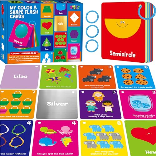 Farb- und Form-Lernkarten, 50 doppelseitige Karten (30 Farben und 20 Formen). Bunte Karten, pädagogische Lernhilfen für Vorschulkinder und Kleinkinder (3 wiederverschließbare Ringe angebracht)