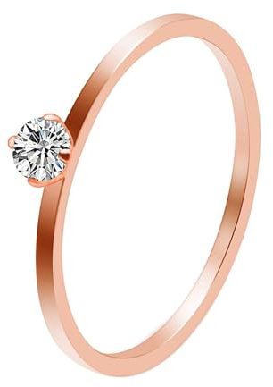 ANAZOZ Bague Fine Solitaire Acier inoxydable Femme, 1mm, Incrusté d'Oxydes de Zirconium, 4 Griffes Classique, Or Rose, Taille 52