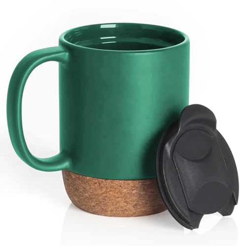 Generic Tasse à café réutilisable en céramique avec poignée et couvercle verrouillable amovible avec trou coulissant 400 ml Base en liège résistant à la chaleur Vert mat